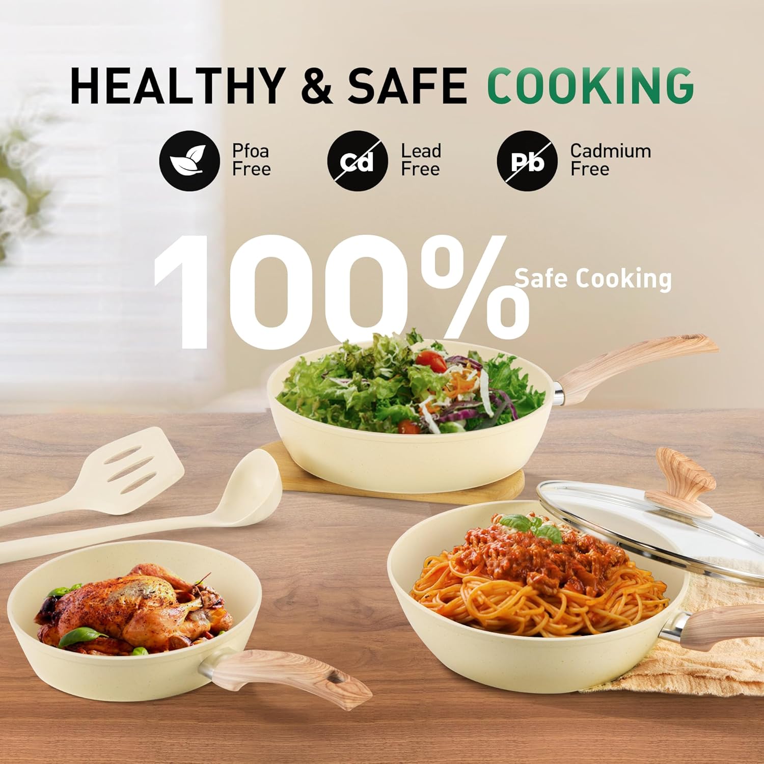 Kitchen Cookware Sets Nonstick, 12 Piece Pots and Pans Set Granite Cooking Set for Induction & Dishwasher Safe, Oven, Stovetop, Beige