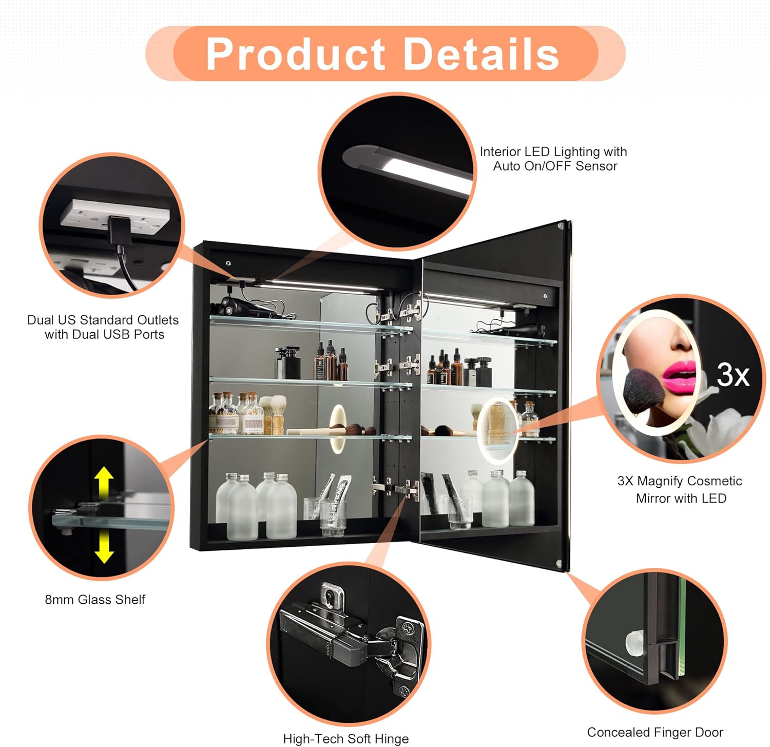 Recessed or Surface Lighted LED Mirror Medicine Cabinet with Lights,24x30 LED Bathroom Cabinet with Mirror