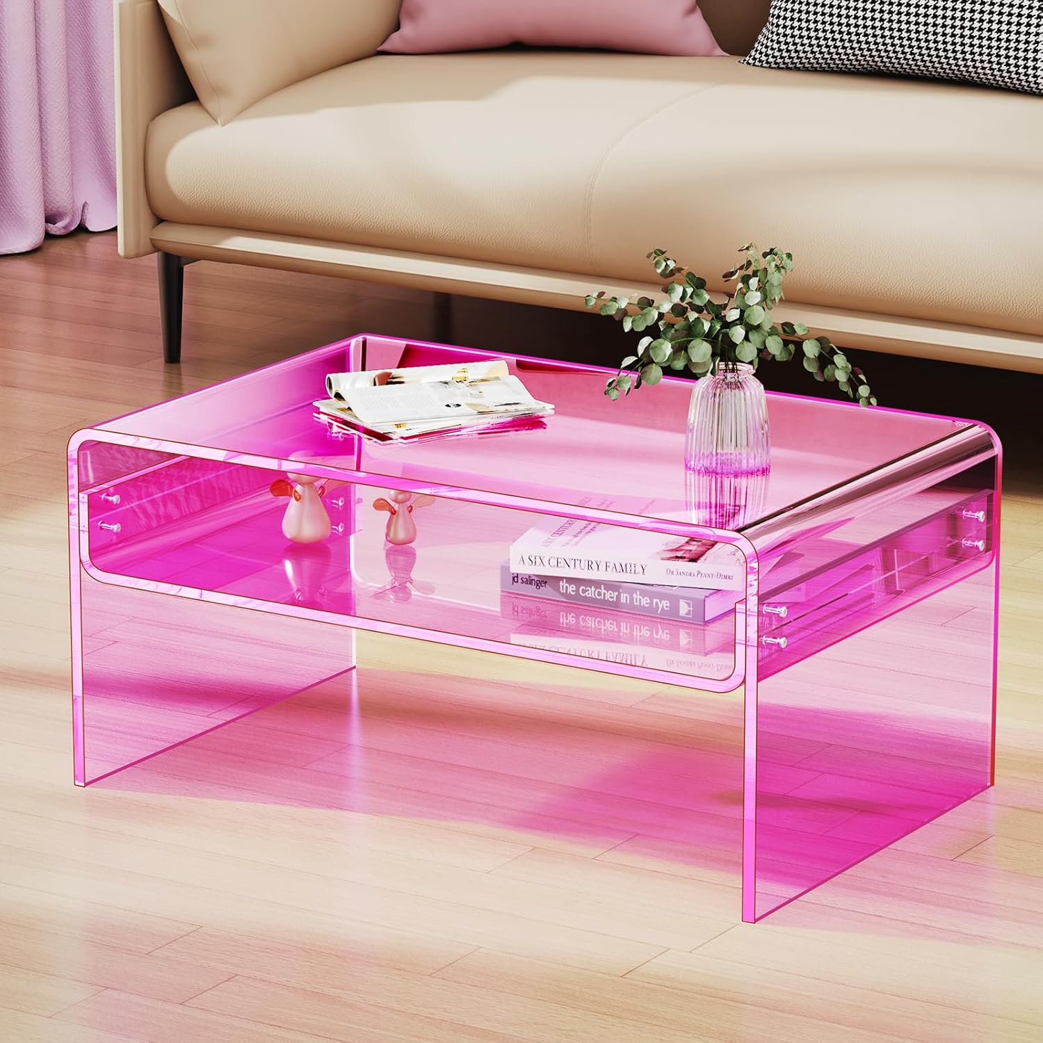 Acrylic Coffee Table for Living Room Clear Rectangle Lucite Table with Open Storage Shelf (1, Pink, Large)