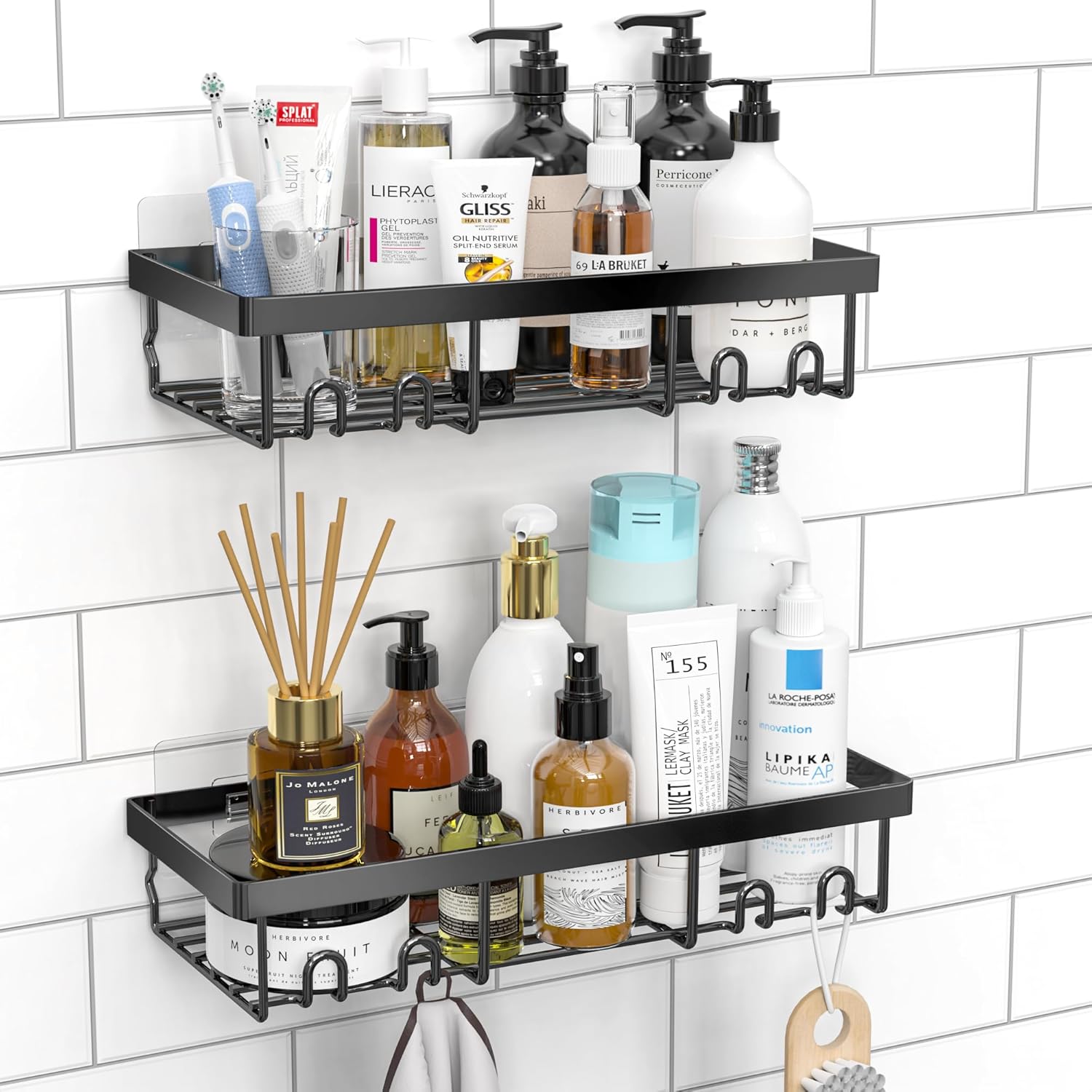 Shower Caddy Shelf Organizer Rack, Self Adhesive Black Bathroom Shelves Basket, Home Farmhouse Wall Inside Organization