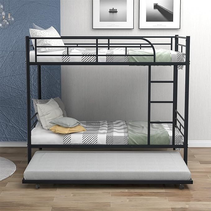 Metal Bunk Bed with Trundle Twin Over Twin Bunk Bed Frame with Ladder and Safety Rails for Kids Triple Metal Bunk Can be Divided into Two beds, Black