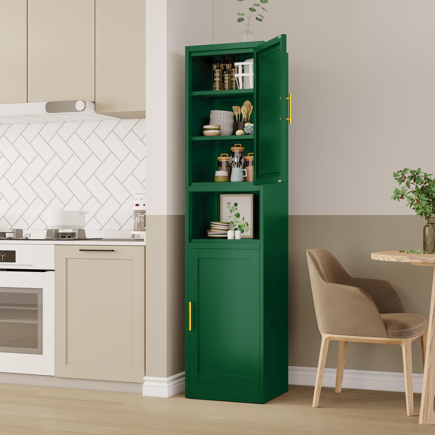 Tall Bathroom Storage Cabinet, 67" H Slim Corner Floor Cabinet with 2 Doors and 3 Adjustable Shelves, Small Space Narrow Bathroom Organizer