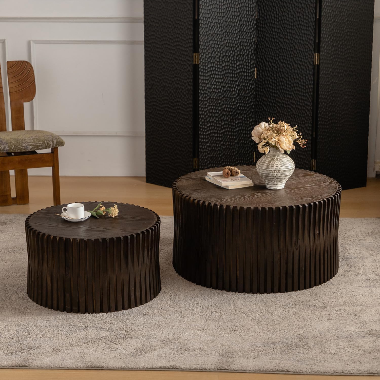 Nesting Coffee Table Set of 2, Round Coffee Table Modern Wood Drum Side Table End Table for Living Room