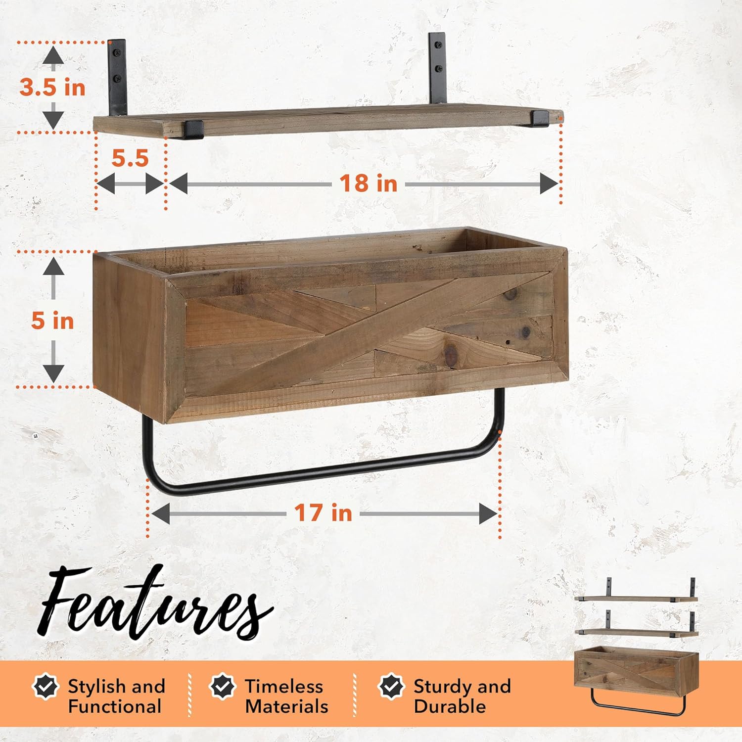 Rustic Farmhouse Bathroom Shelves Wall Mounted – Industrial Floating Shelves for Bathroom with Towel Bar