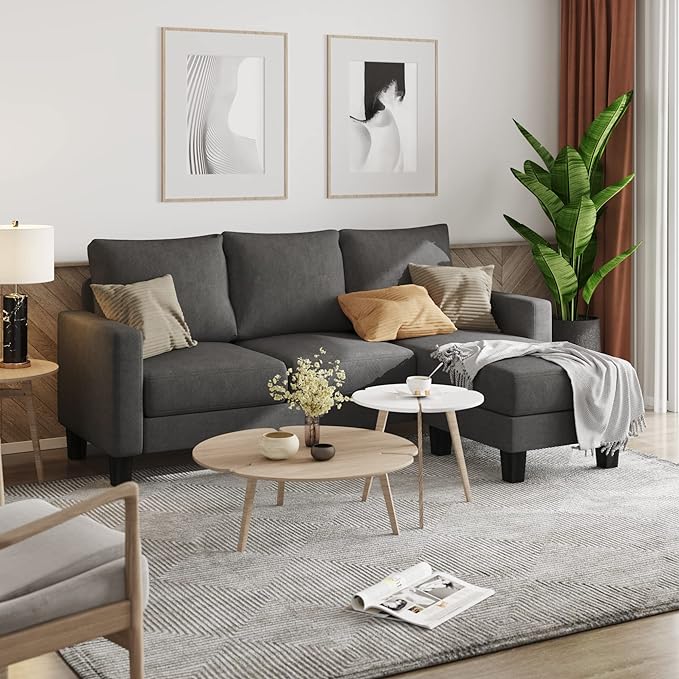 Convertible Sectional 3 L-Shaped Couch Soft Seat with Modern Linen Fabric, Space-Saving Sofas for Living Room, Apartment and Office, 70'', Dark Gray