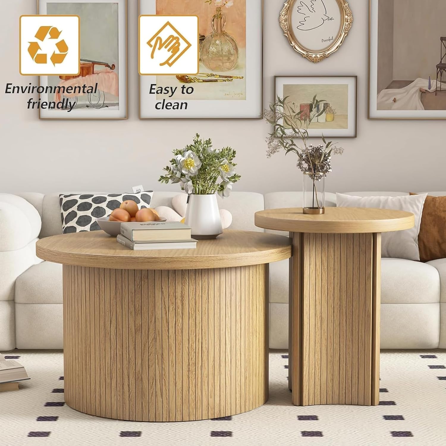 Set of 2 Nesting Coffee Tables Farmhouse,Round Coffee Tables Living Room,Wood Finish Coffee Table Set