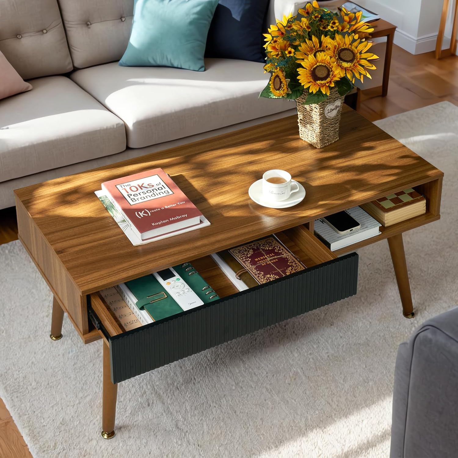 Coffee Table Mid Century Modern Coffee Tables with Drawer and Open Storage