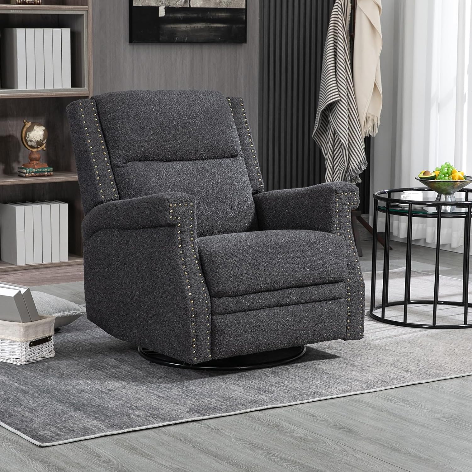 Nursery Rocking Chair, Upholstered Recliner Chair with Rivet Decoration, 360 Degree Swivel Chair with Adjustable Footrest, Glider Chair for Living Room, Bedroom (Black)