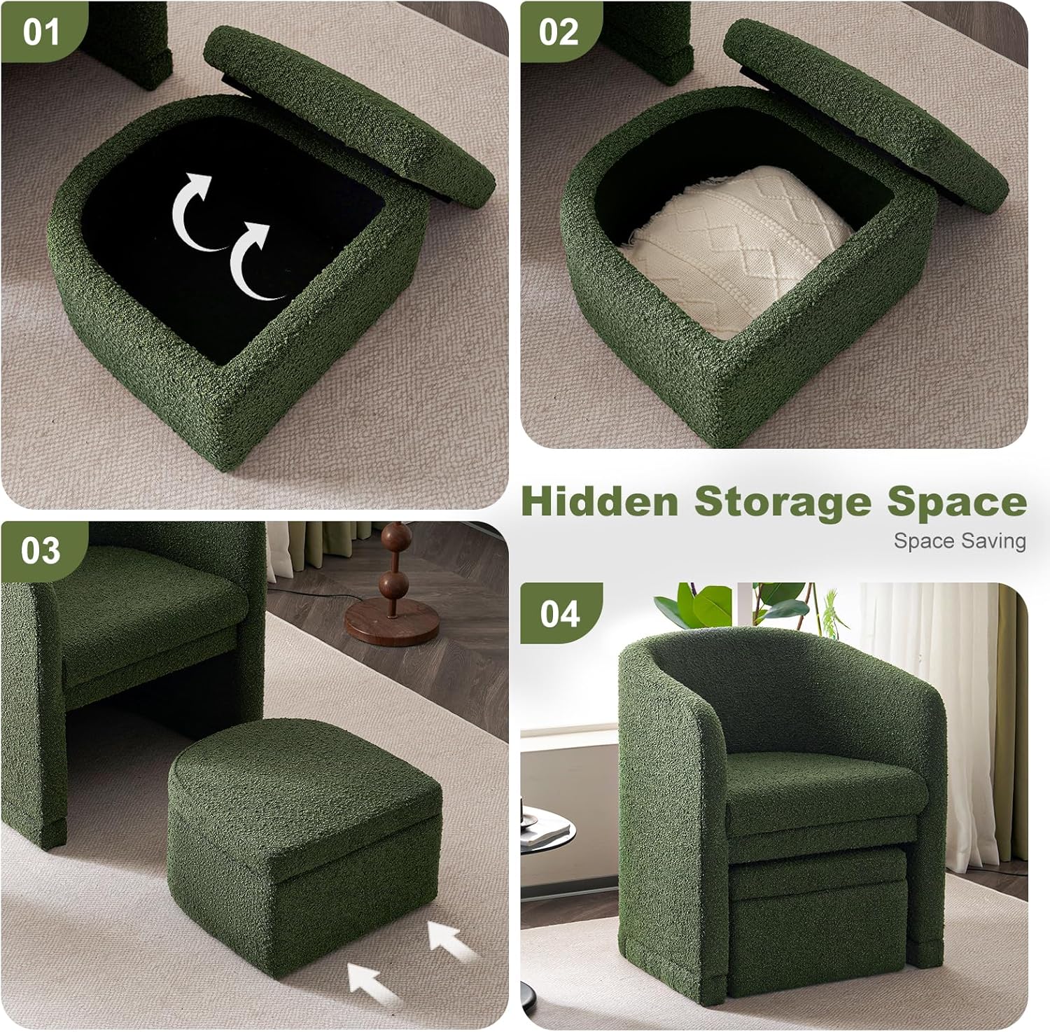 Green Accent Chair with Storage Ottoman, Upholstered Barrel Arm Chair with Footrest, Modern Living Room Side Chair for Bedroom/Office/Small Space