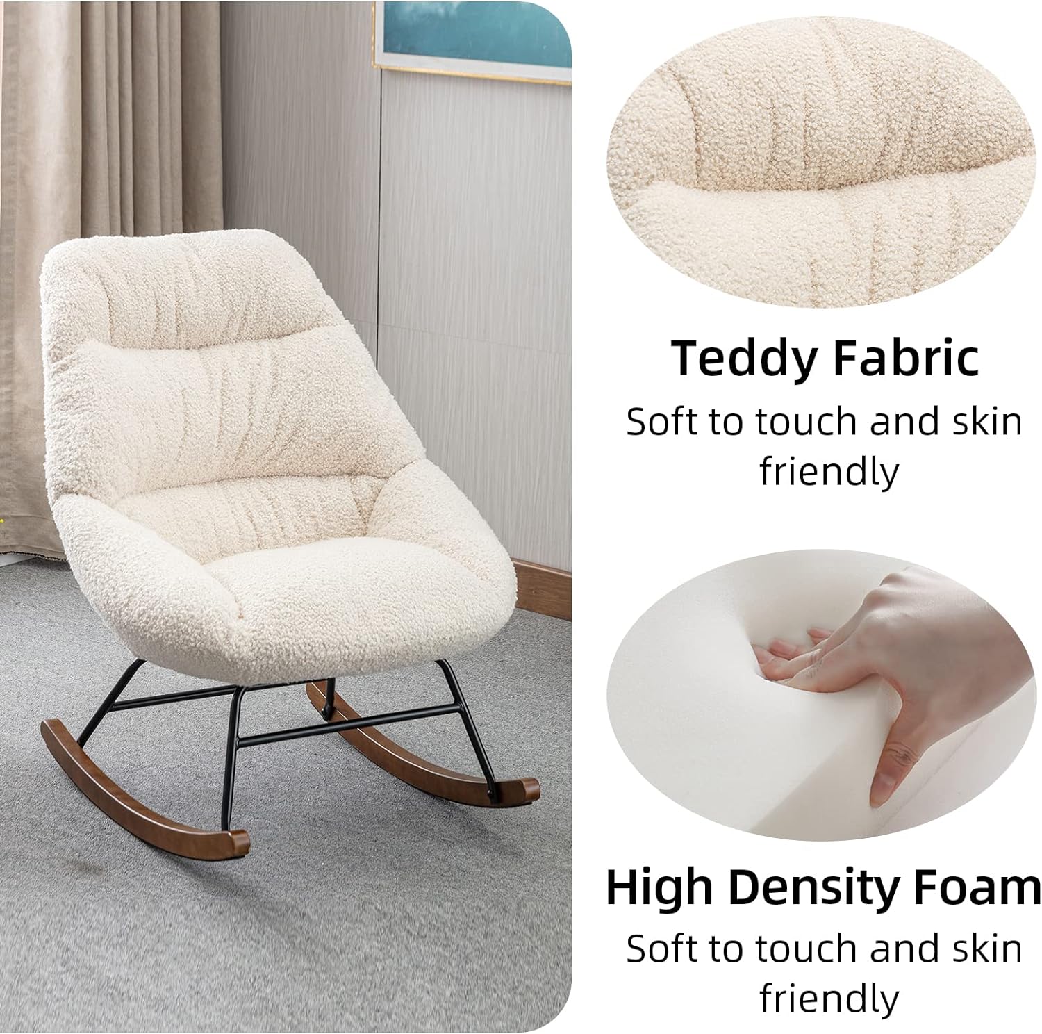 Nursery Rocking Chairs, Accent Rocking Chair with Solid Metal Legs, Upholstered Velvet Glider Rockers with High Backrests for Mom, Gifts, Living Room, Bedroom (Beige Boucle)