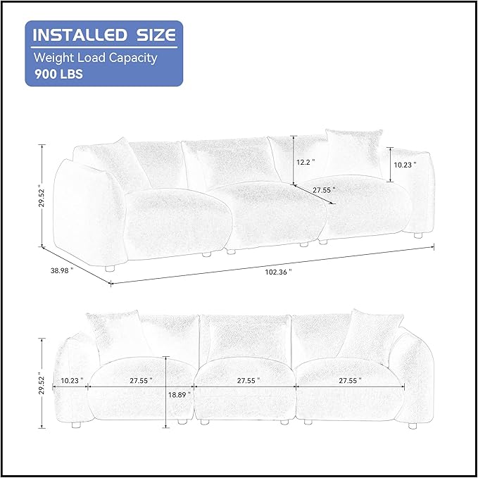 102.36" Sectional Sofa Cloud Couch for Living Room, Modern Back Upholstered Boucle Couch