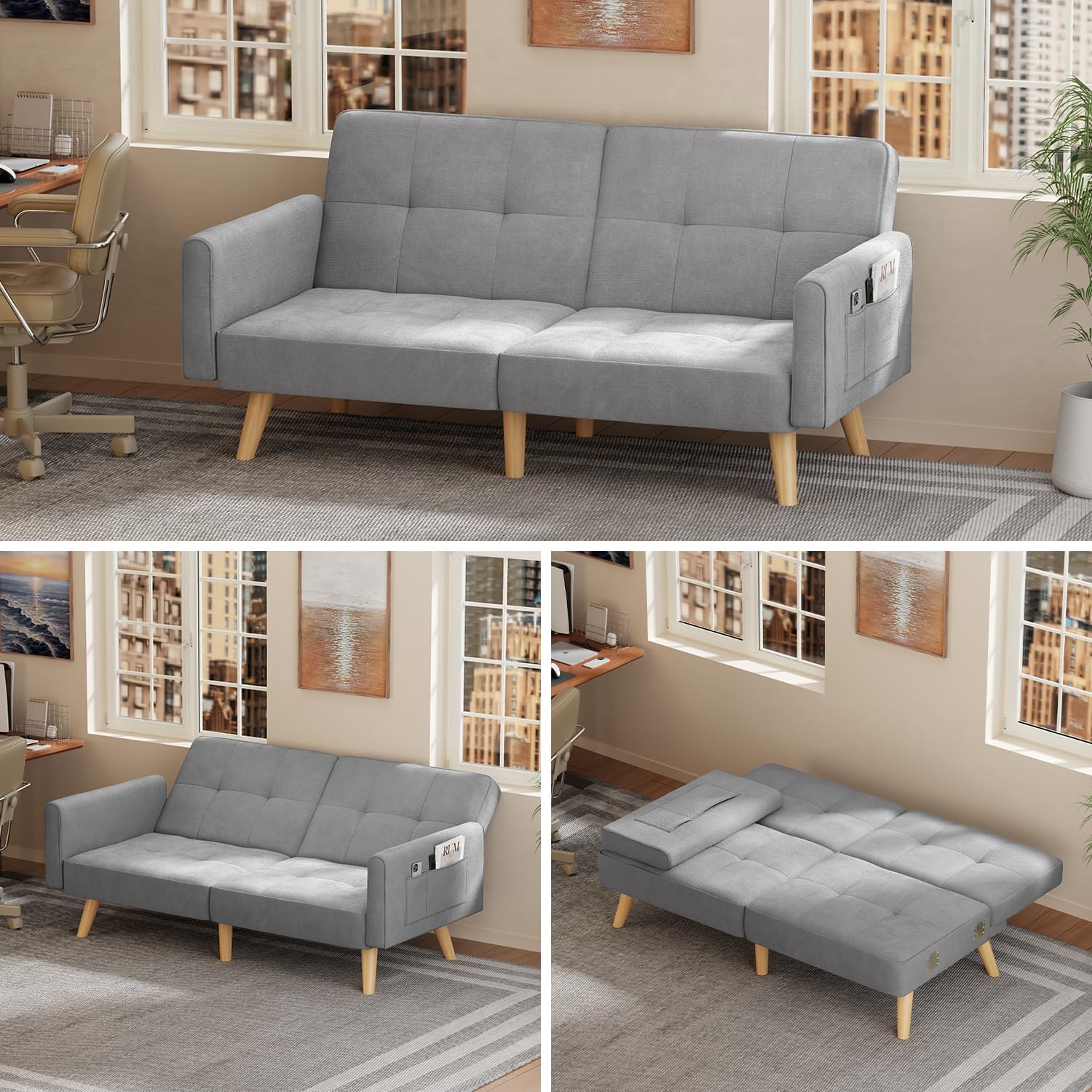 70.9" Sleeper Sofa with Adjustable Backrest, Modern Folding Daybed for Living Room, Dorm, Bedroom, Apart, 6 Legs and 2 Extra Support Rods, Removable Armrests