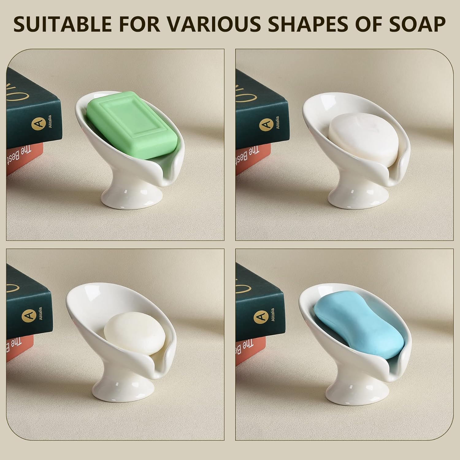 Soap Holder Self Draining Leaf Shape Ceramic Soap Dishes, Cream White Draining Soap Dish for Bathroom Shower