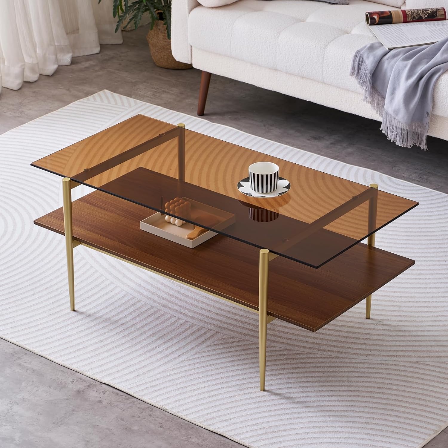 Rectangle Coffee Table, Mid-Century Modern Design, L41 W21 x H17, for Living Room, 2-Tier Structure