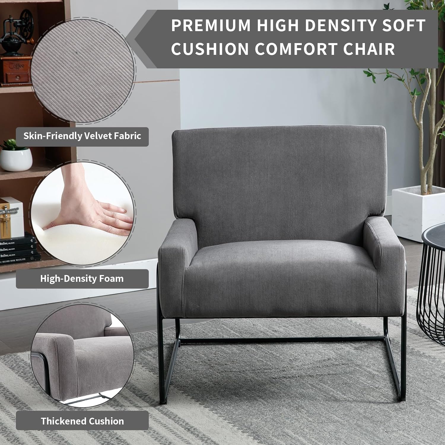 Velvet Accent Chair Upholstered, Modern Industrial Slant Armchair with Metal Frame, Premium High Density Soft Cushion Comfort Single Chair for Living Room, Office, Study (Grey)