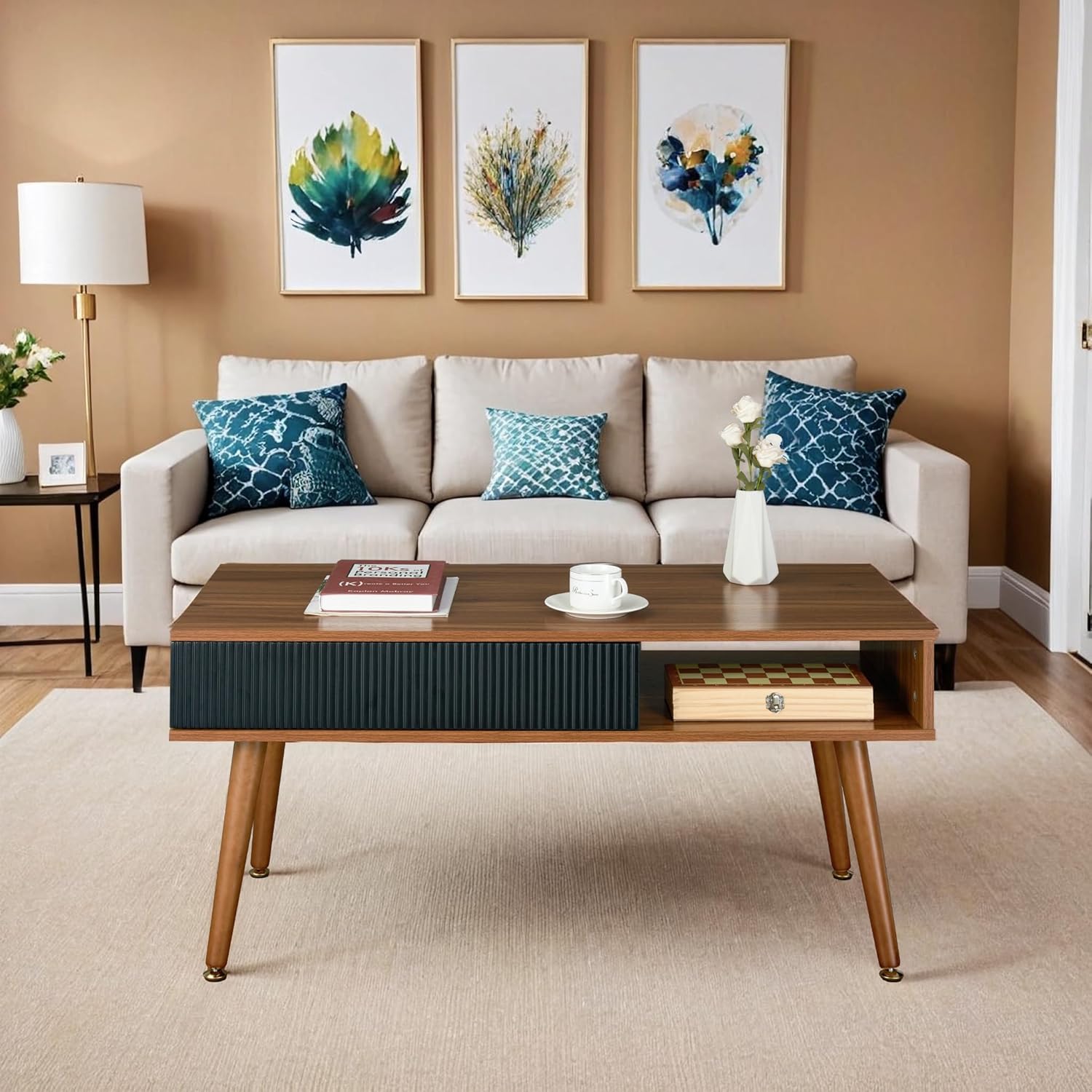 Coffee Table Mid Century Modern Coffee Tables with Drawer and Open Storage