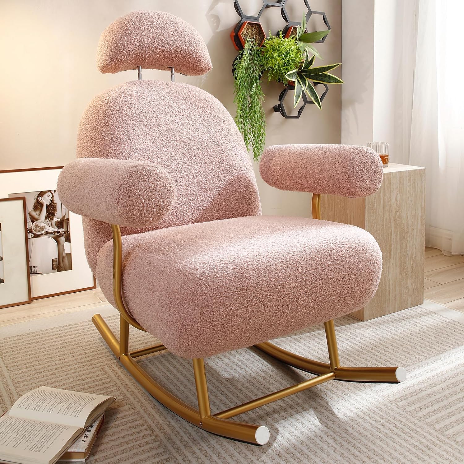 Nursery Rocking Chair, Modern Sherpa Upholstered Fabric Glider Rocker, Rocking Chair for Nursery, Comfy Armchair with High Backrest, Leisure Sofa Chair for Living Room Bedroom (Pink)