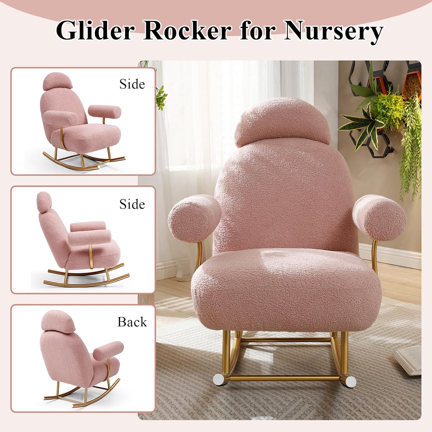 Nursery Rocking Chair, Modern Sherpa Upholstered Fabric Glider Rocker, Rocking Chair for Nursery, Comfy Armchair with High Backrest, Leisure Sofa Chair for Living Room Bedroom (Pink)