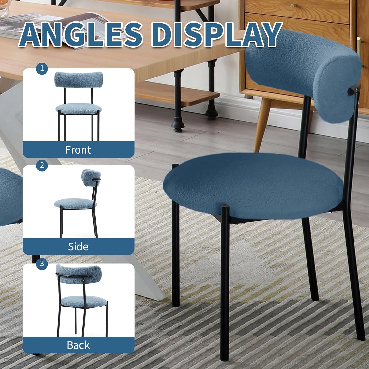 Modern Dining Chairs Set of 4, Boucle Upholstered Chair with Open Back, Side Chair with Metal Legs, Lounge Chair with Round Cushion, Accent Chair for Dining Room (Set of 4, Light Blue)