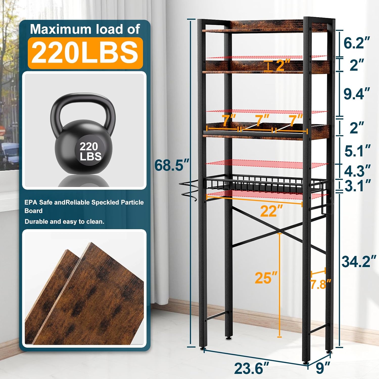 Over The Toilet Storage Cabinet,4 Tier Bathroom Organizers and Storage With Adjustable Shelf Waterproof Feet Pad and Basket