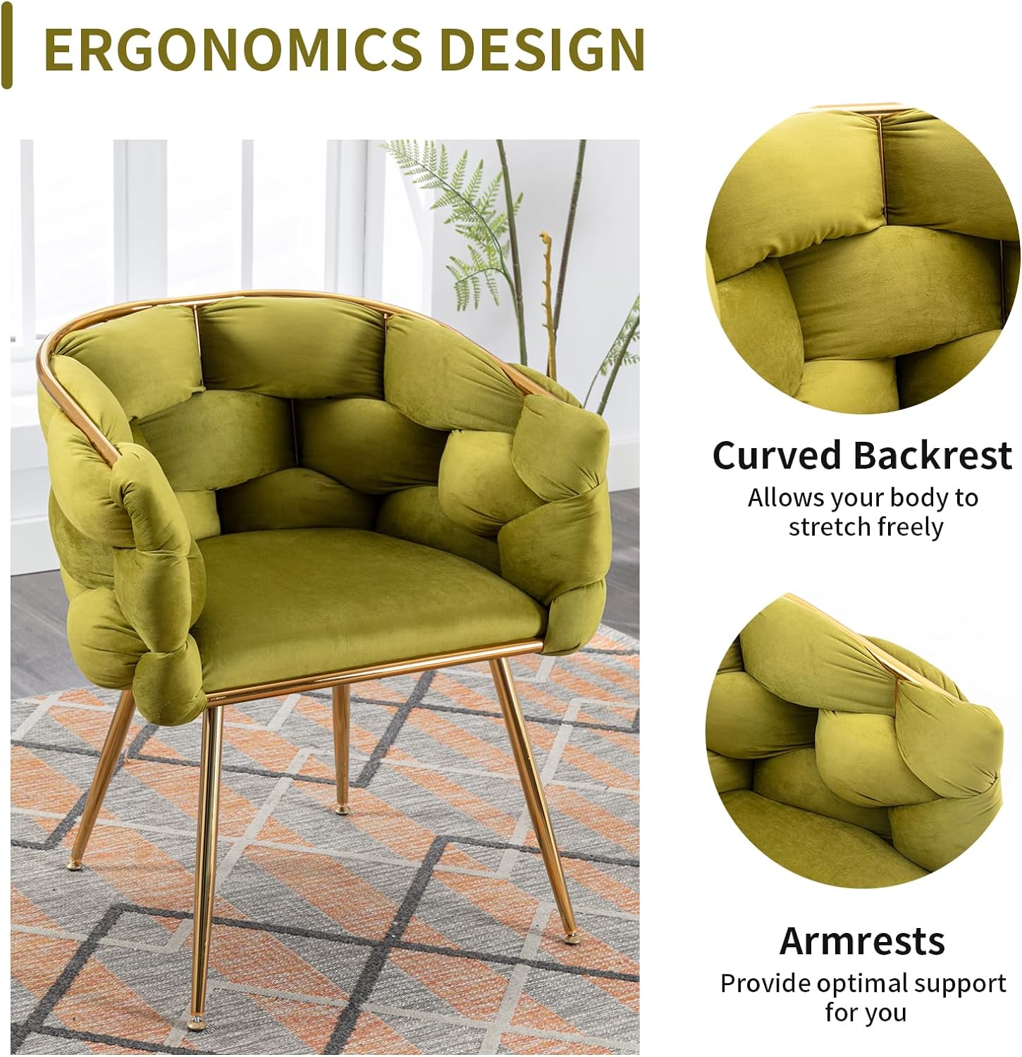 Modern Velvet Dining Chairs Set of 2, Hand Weaving Upholstered Vanity Chairs with Gold Metal Legs, Leisure Single Sofa Armchairs, Comfy Accent Chairs for Living Room (Olive Green)