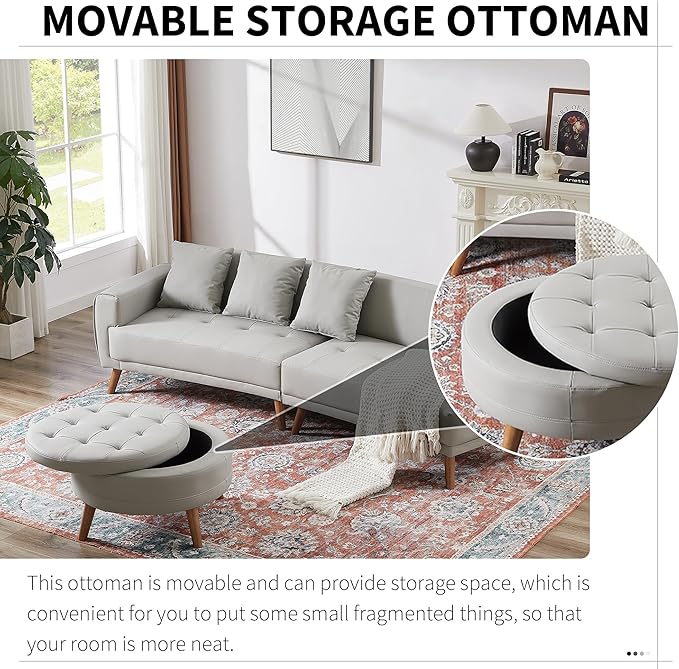107'' PU Leather Sectional Sofa Couch with Moveable Storage Ottoman for Living Room