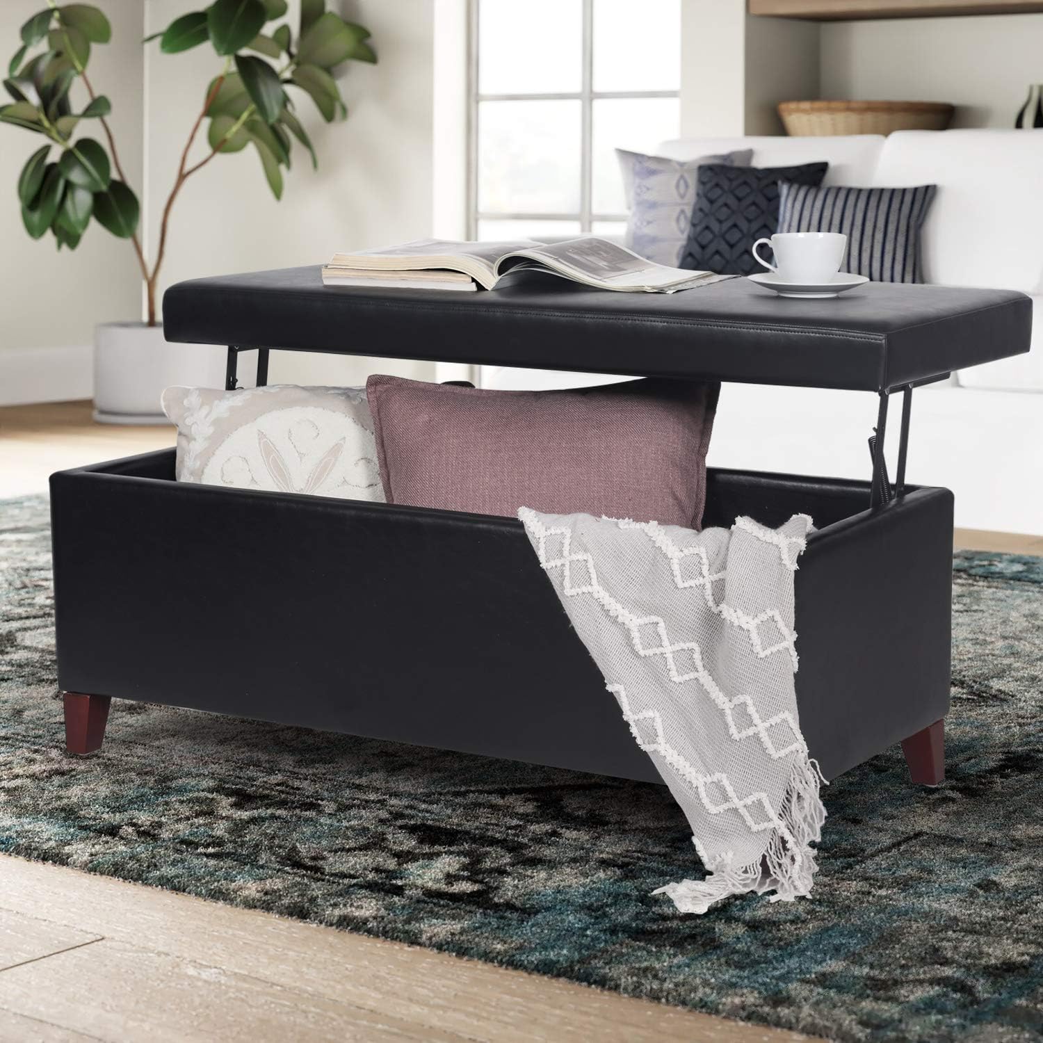 42 Inches Faux Leather Storage Bench with Large Storage Space, Upholstered Rectangular Ottoman