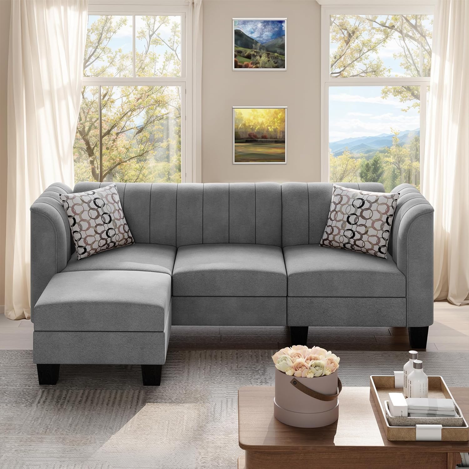 Upgraded Convertible Sectional Sofa Couch, 3 Seat L Shaped Sofa with High Armrest Linen Fabric Small Couch Mid Century for Living Room, Apartment and Office (Light Grey)