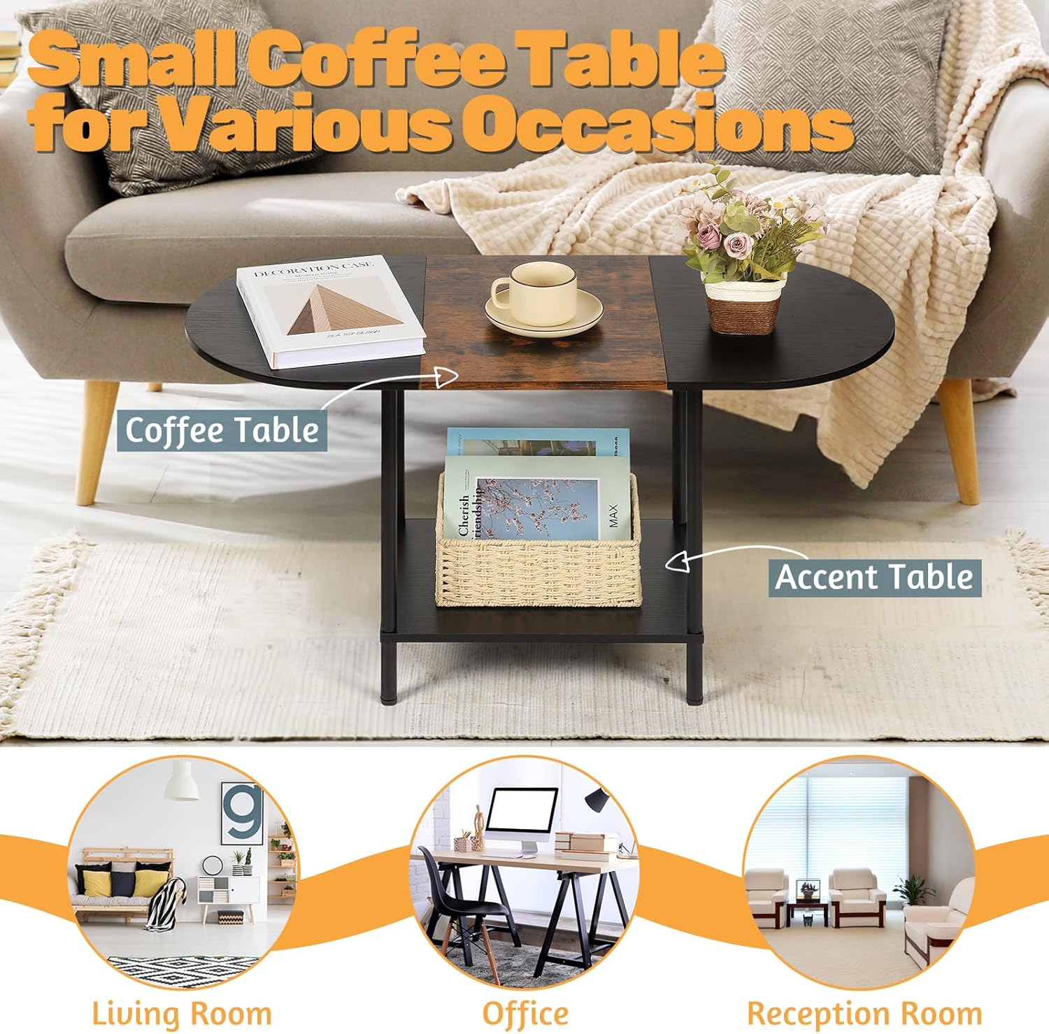 Coffee Tables for Living Room,2-Tier Small Oval Center Table Industrial Modern Style Coffee Table