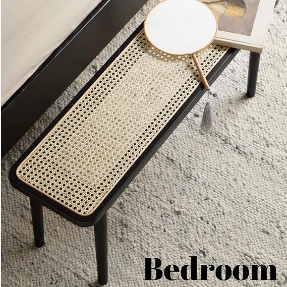 Wood Dining Bench,100% Natural Solid Oak Bed Bench with Rattan Design, Rounded Edge, Bench for Entryway Hall, Dining Room,Bedroom, Living Room (Black Color, 39.37 inch)