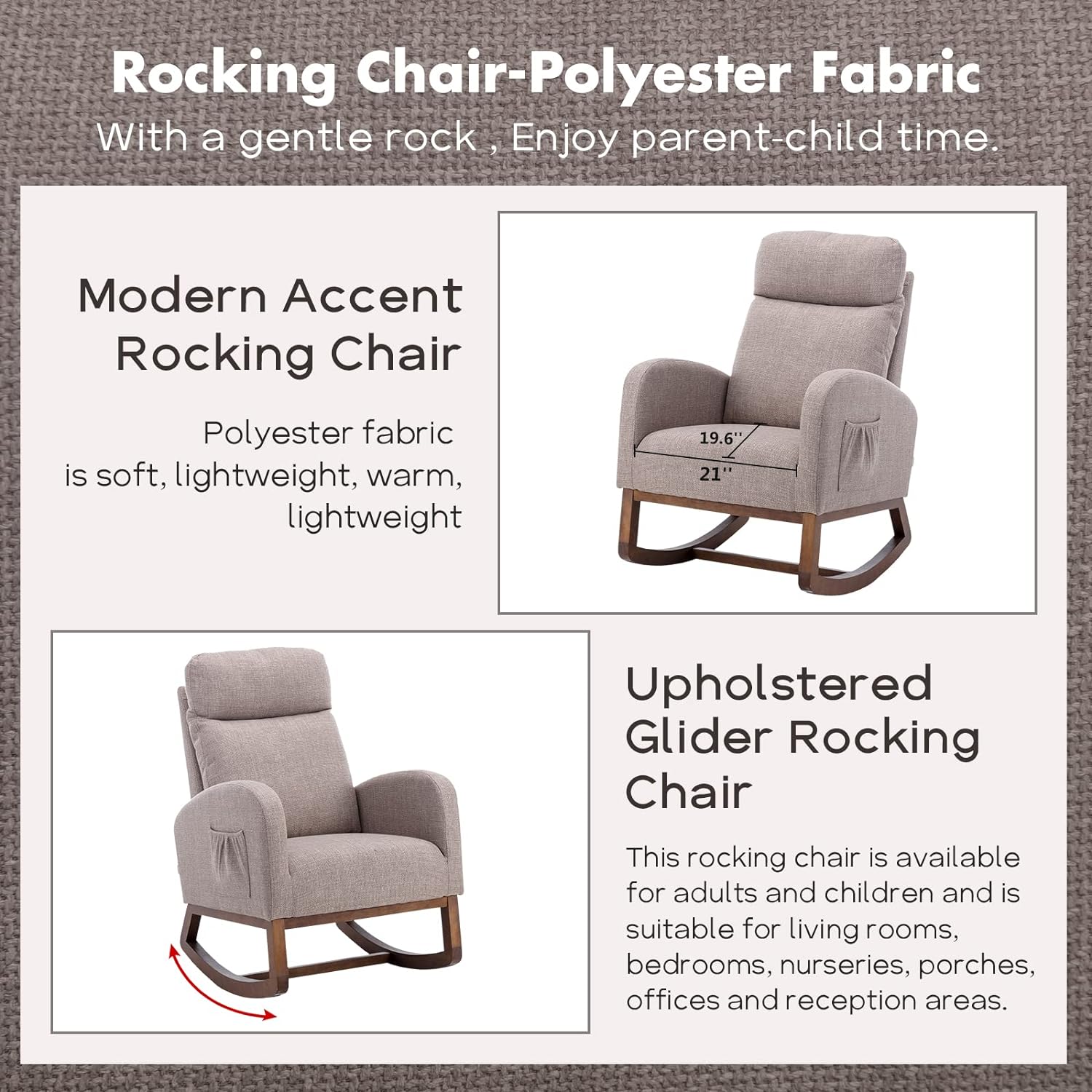 Nursery Rocking Chair, Upholstered Glider Chair for Nursery, Accent Rocker Chair with Tall Back & Side Pockets, Modern Leisure Single Arm Chair for Living Room, Bedroom (Grey)