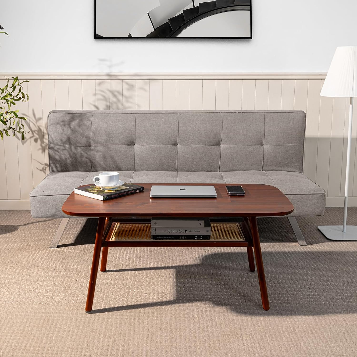 Solid Acacia Wood Coffee Table for Living Room, Spacious Oval-Shaped 237 Lbs Top Capacity, Rattan Shelf Below