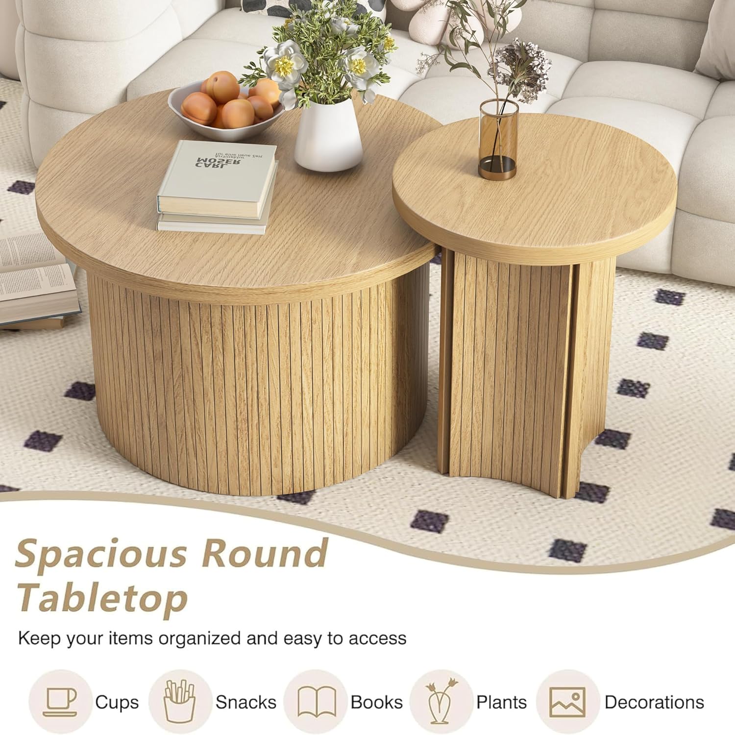 Set of 2 Nesting Coffee Tables Farmhouse,Round Coffee Tables Living Room,Wood Finish Coffee Table Set