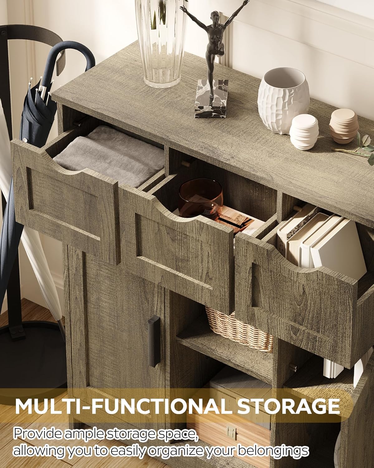 Wooden Floor Cabinet, with Drawers and Shelves Storage Cabinets, Accent Cabinet