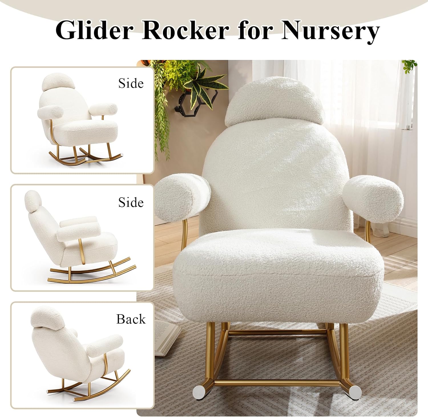 Nursery Rocking Chair, Modern Sherpa Upholstered Fabric Glider Rocker, Rocking Chair for Nursery, Comfy Armchair with High Backrest, Leisure Sofa Chair for Living Room Bedroom (Grey)