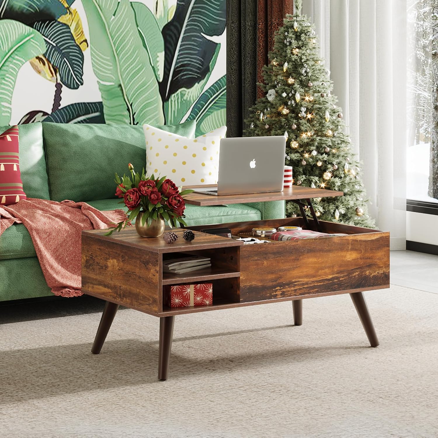 Wood Lift Top Coffee Table with Hidden Compartment and Adjustable Storage Shelf 19.69"D x 39.37"W x 16.93"H