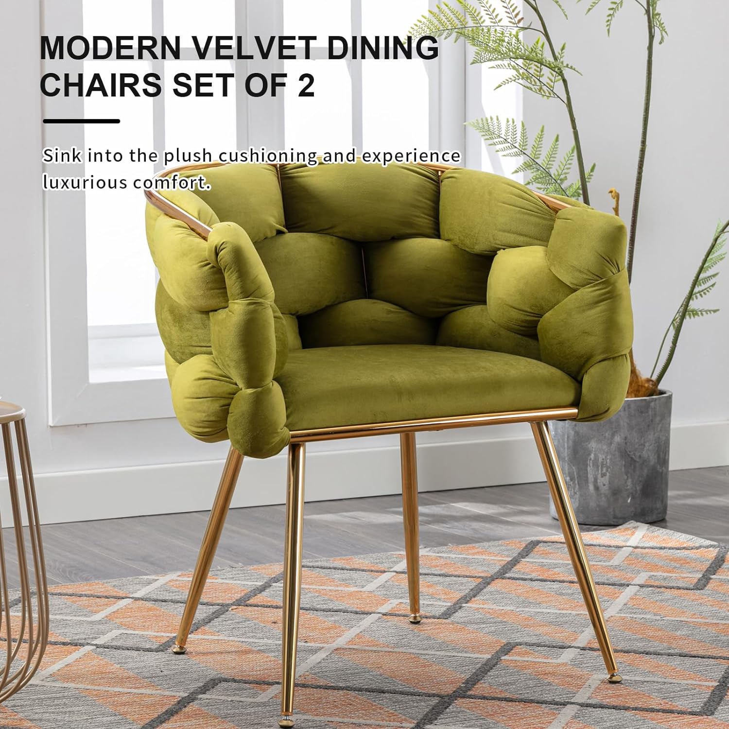 Modern Velvet Dining Chairs Set of 2, Hand Weaving Upholstered Vanity Chairs with Gold Metal Legs, Leisure Single Sofa Armchairs, Comfy Accent Chairs for Living Room (Olive Green)