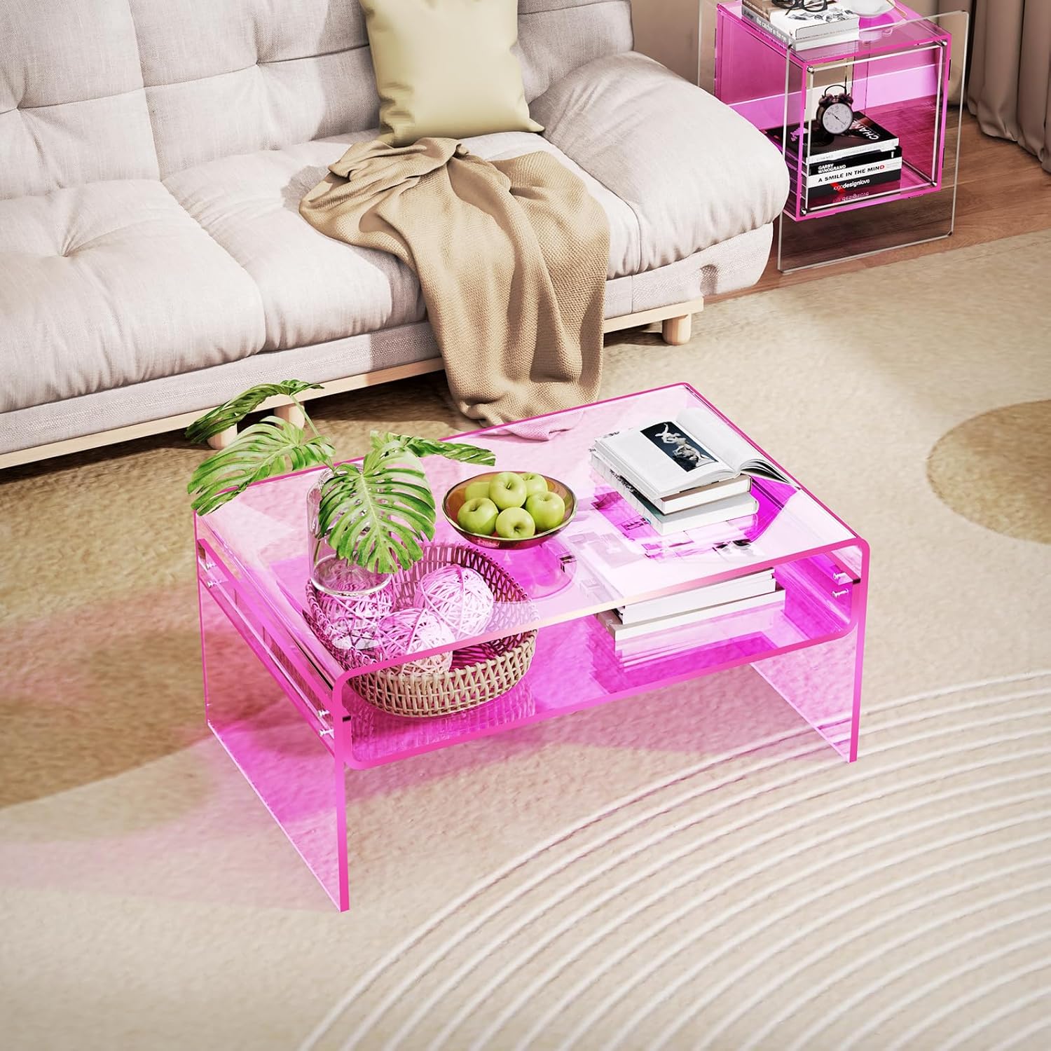 Acrylic Coffee Table for Living Room Clear Rectangle Lucite Table with Open Storage Shelf (1, Pink, Large)