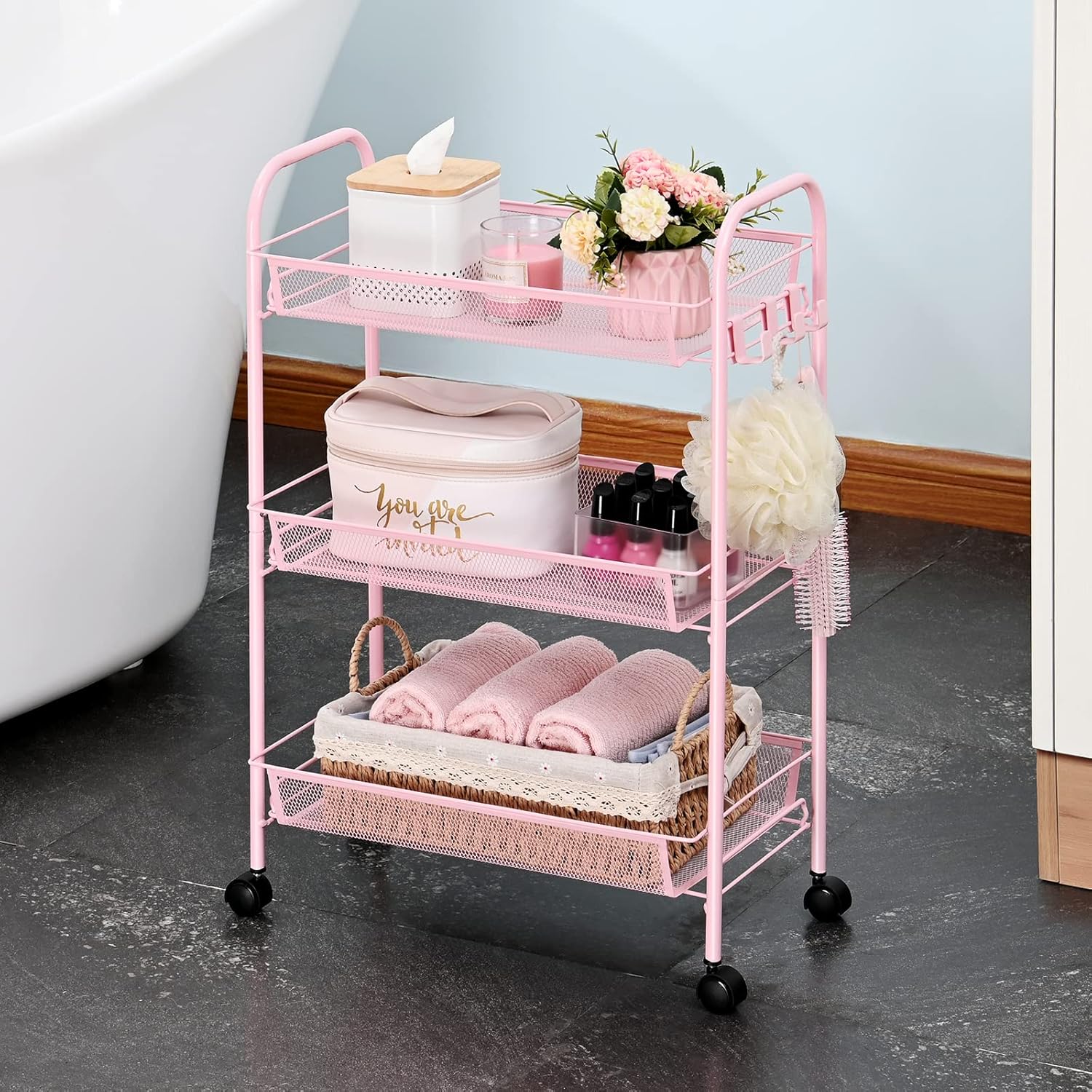 3-Tier Metal Rolling Cart, Mesh Wire Easy Assemble Utility Cart, Storage Trolley on Wheels with 3 Hooks