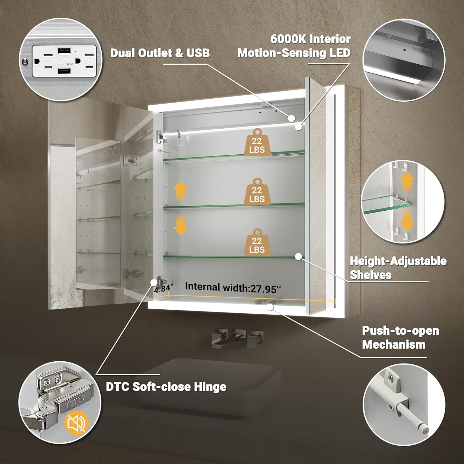 30x32 LED Medicine Cabinet with Mirror, Surface or Recessed Lighted Medicine Cabinet with Mirror