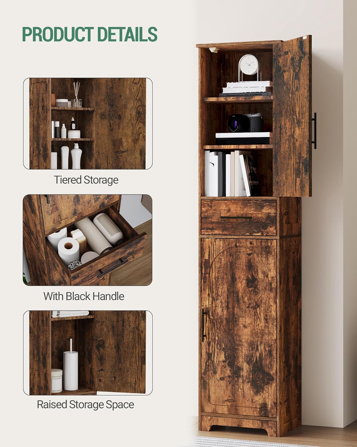 Tall Bathroom Storage Cabinet, Floor Cabinet with 2 Doors, 4 Adjustable Shelves, Narrow Tall Corner Cabinet