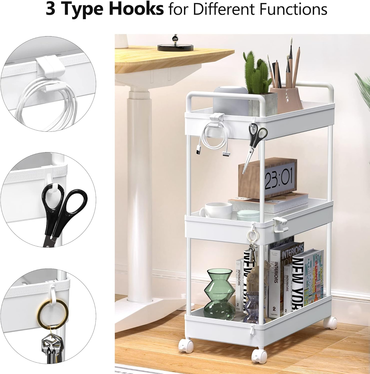 Rolling Storage Cart, 3 Tier Utility Cart Mobile Slide Out Organizer, Bathroom Standing Rack Shelving Unit