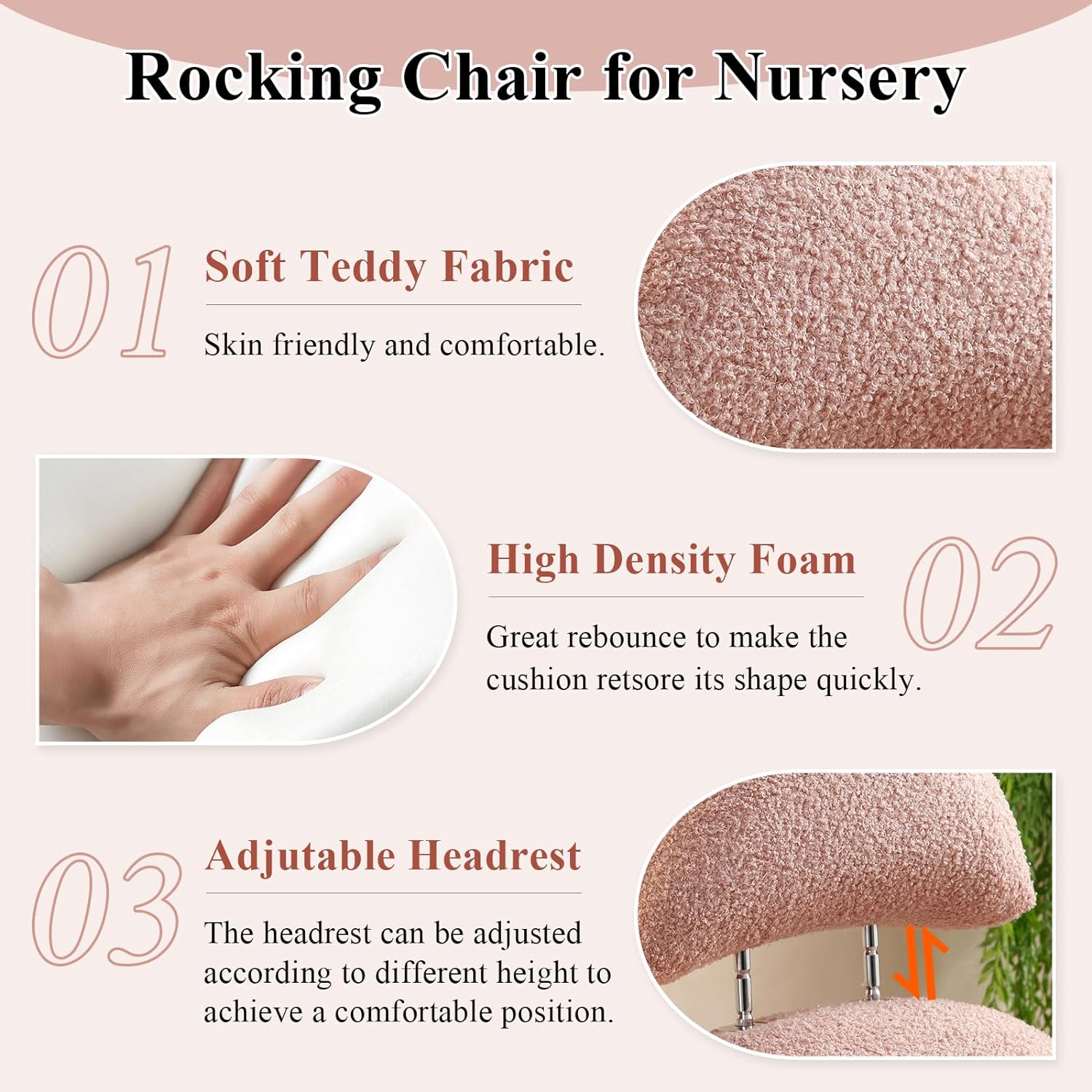 Nursery Rocking Chair, Modern Sherpa Upholstered Fabric Glider Rocker, Rocking Chair for Nursery, Comfy Armchair with High Backrest, Leisure Sofa Chair for Living Room Bedroom (Pink)