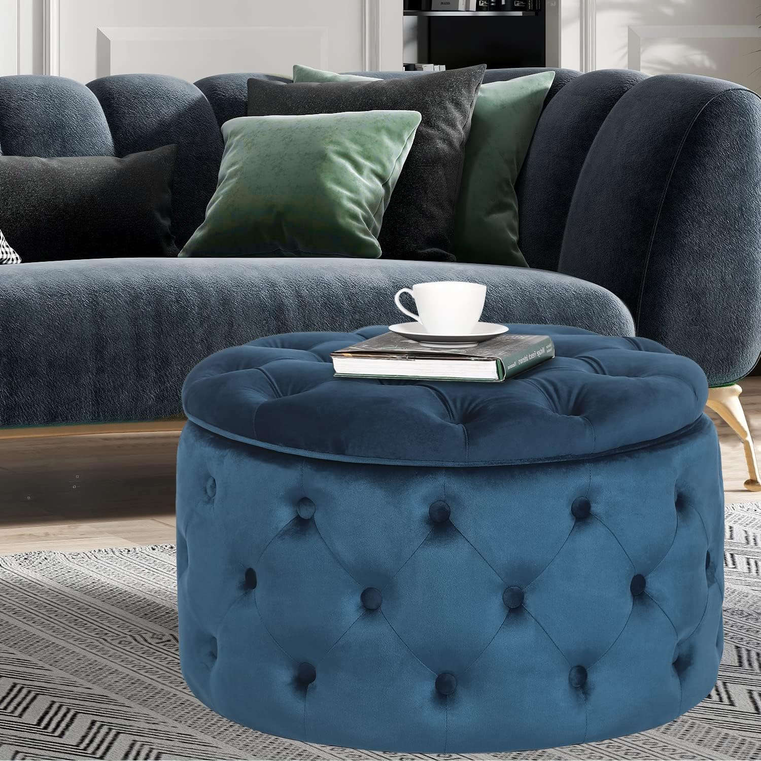 Modern 24.8 Inch Blue Round Storage Ottomans Chair, Button Tufted Upholstered Ottoman Footstool