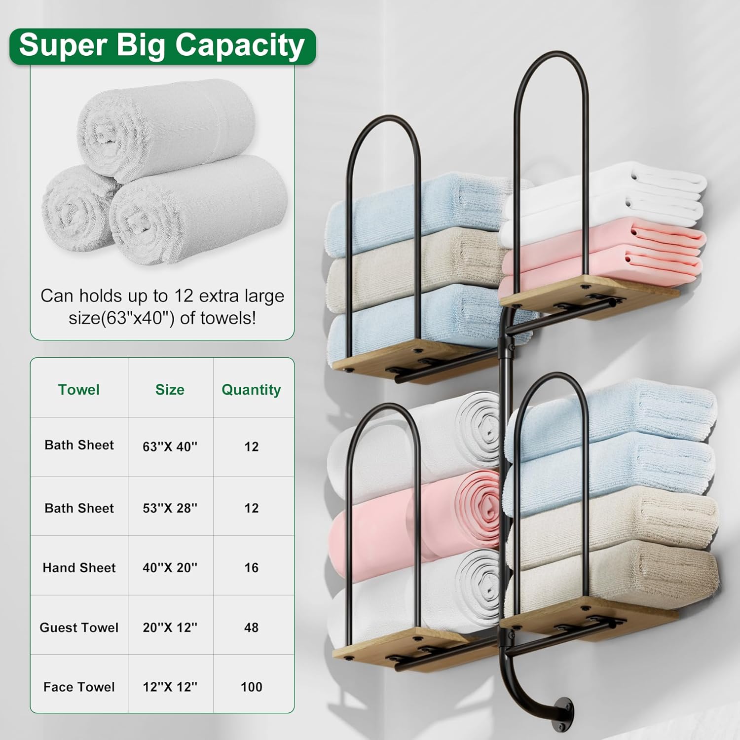 Towel Rack for Bathroom, Large Capacity Towel Holder for Bathroom Wall, Sturdy Wood for Rolled & Folded Towels
