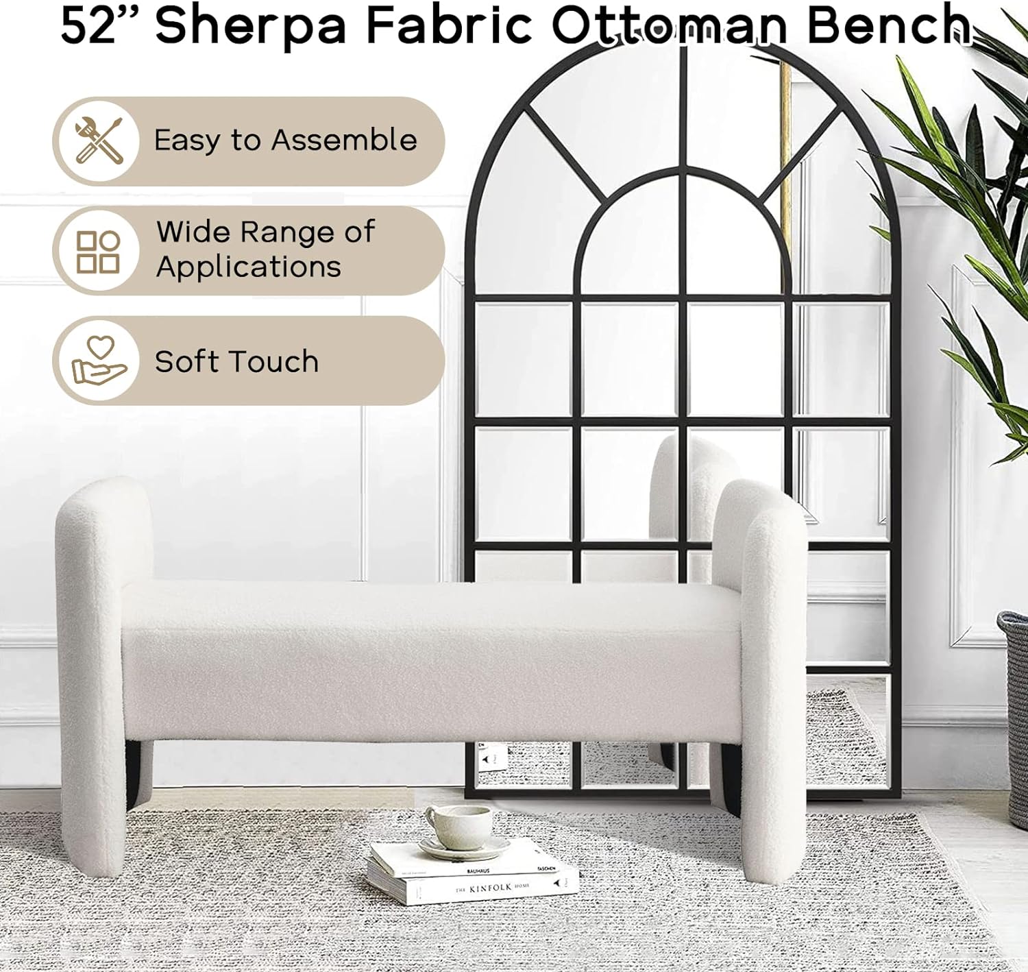52''Modern Fuzzy Sherpa Upholstered Ottoman Bench, Faux Fur Entryway, Footrest for Bedroom, Living Room, End of Bed, Hallway (White Teddy)
