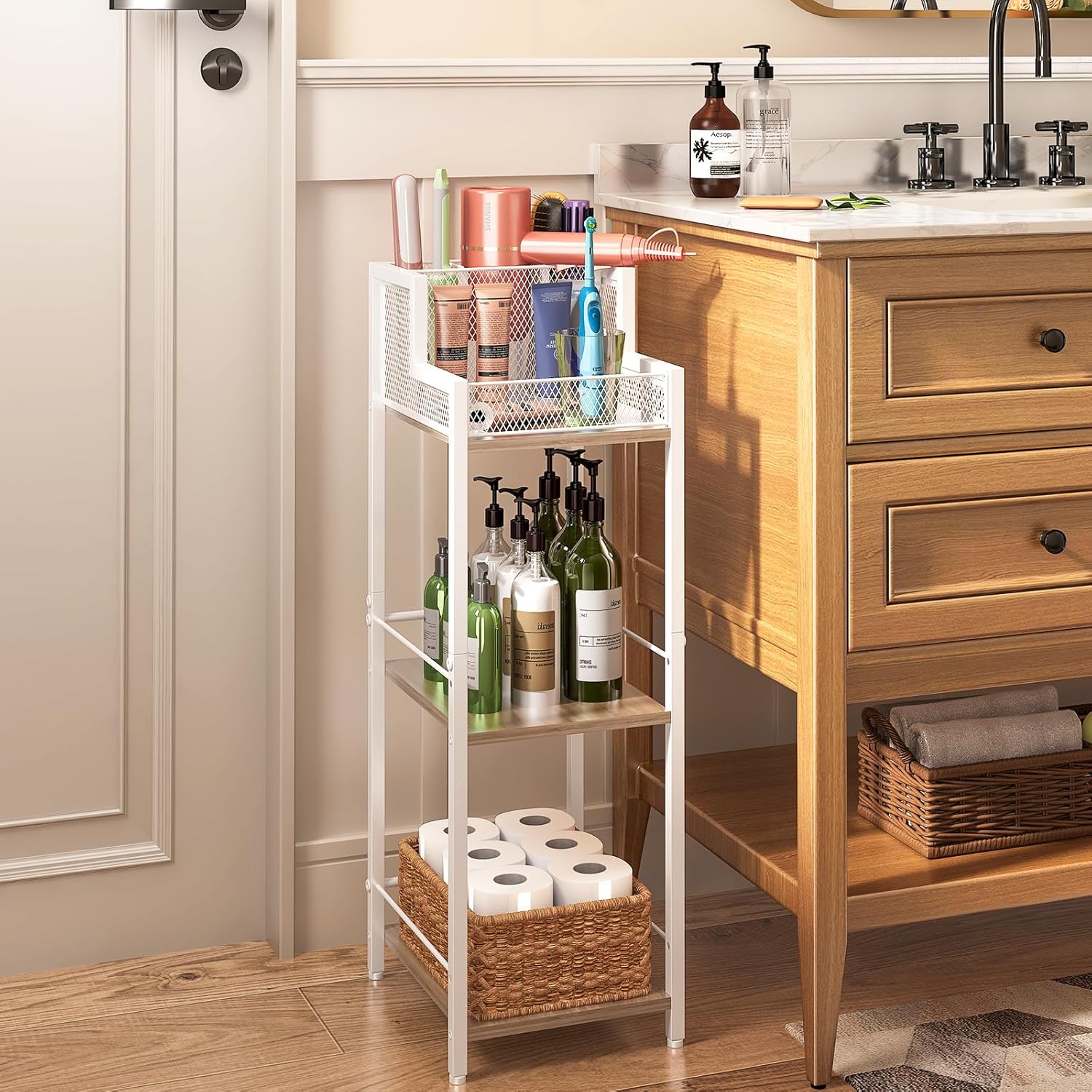 Hair Tool Organizer Bathroom Storage Shelf 3-Tier Hair Dryer Holder with 3 Grids - Makeup Organizer Slim Floor Stand