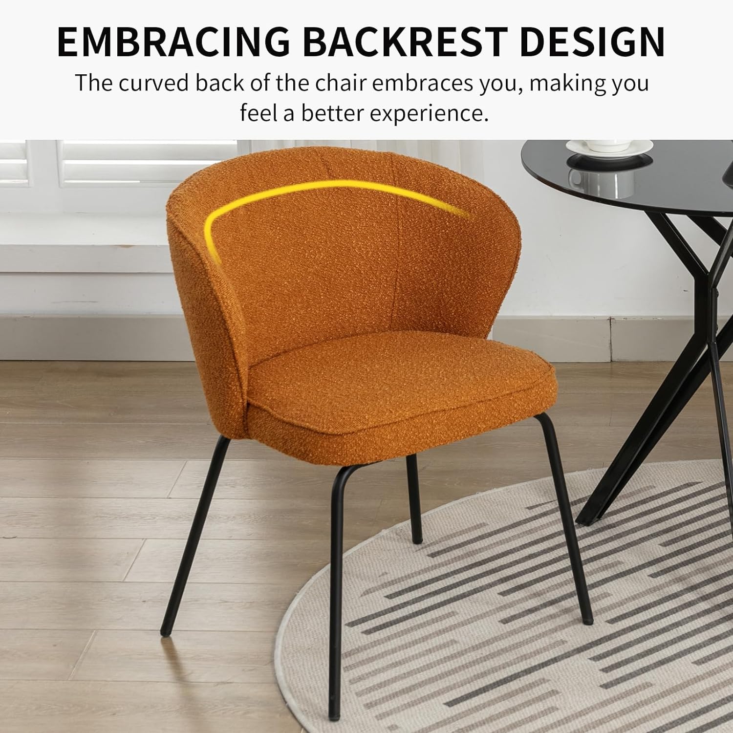 Modern Dining Chair, Boucle Upholstered Side Chair with Curved Backrest, Accent Chair with Metal Legs, Comfy Leisure Chair, Vanity Chair for Dining Room (Caramel, 1 Chair)