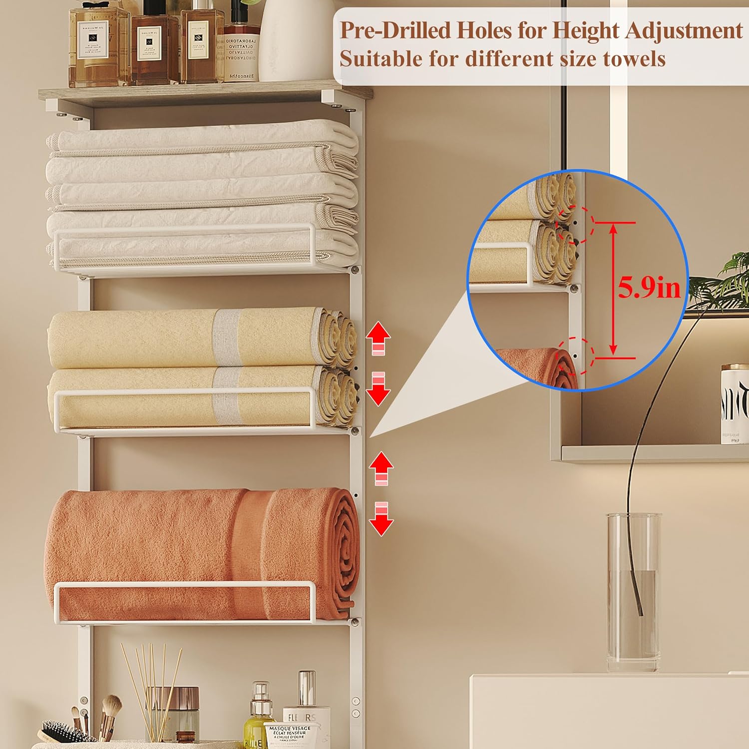 8-Tier Free Standing Towel Rack for Bathroom, Adjustable Height Towel Holder for Different Towel Sizes
