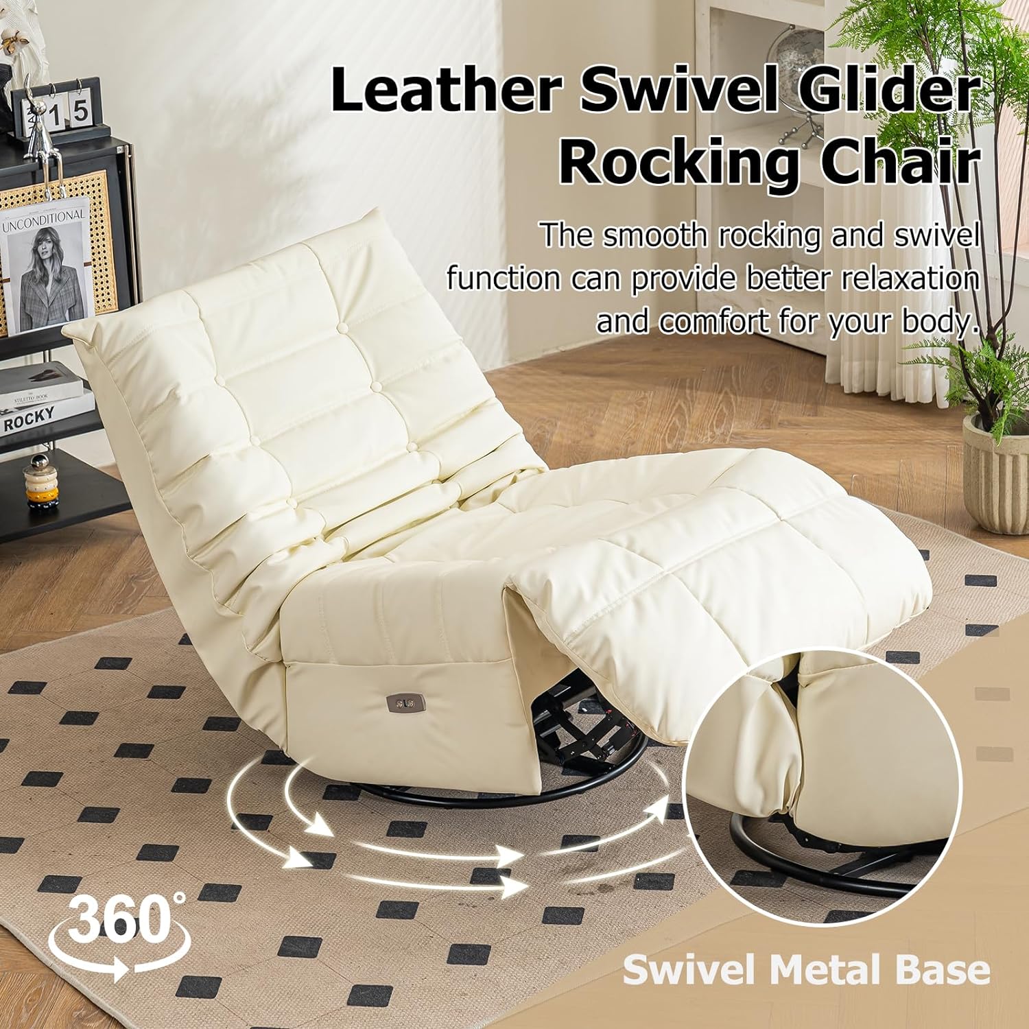 Swivel Glider Rocking Chair, Power Recliner Chair with Side Pocket, Home Theater Lounge Chair, Leisure Single Swivel Rocking Sofa Chair with USB Charger for Living Room (White)